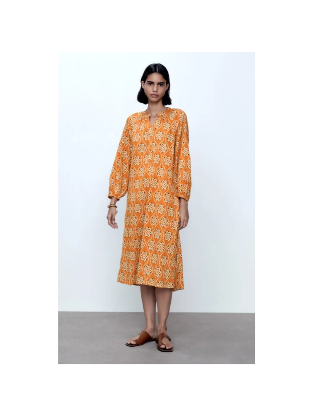 Zara Printed Long-Sleeve Midi Dress
